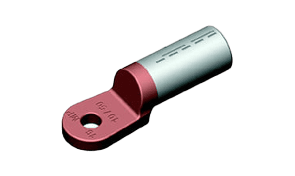 Een kabelschoen van CEE-materiaal in de kleuren rood en zilver met een bevestigingsgat, ontworpen voor betrouwbaar gebruik bij elektrische verbindingen.