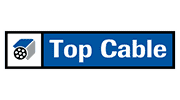 Logo met een blauwe rechthoek met daarin de tekst "Top Cable" en een aangrenzend kabelhaspelpictogram in een zwarte rand, dat een van Onze merken markeert.